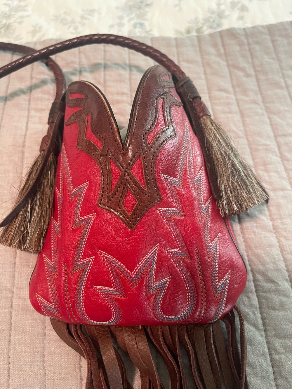 Red Leather Fringe Crossbody Mini Bag with Brown Trim